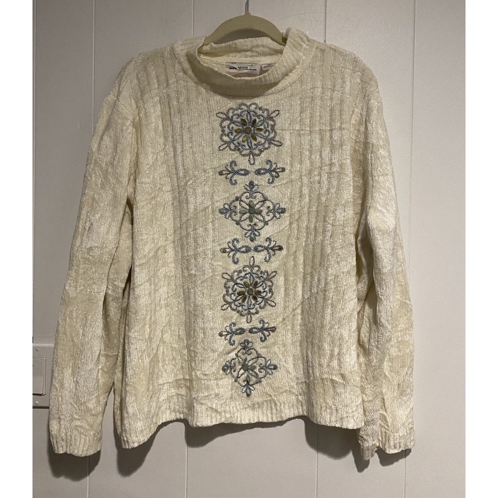 Alfred Dunner Women's Plus Size 2X Sweater Ivory Blue Stitch Beaded Winter